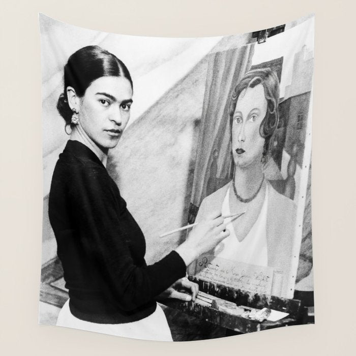 Frida Painting at Easel, Black and White Vintage Photograph Wall Tapestry Gallery Image 4