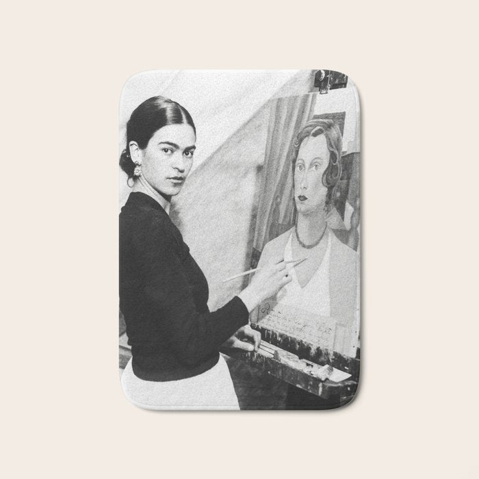 Frida Painting at Easel, Black and White Vintage Photograph Bath Mat Gallery Image 1