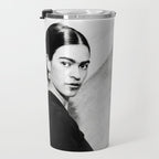Frida Painting at Easel, Black and White Vintage Photograph Travel Mug Gallery Image 3
