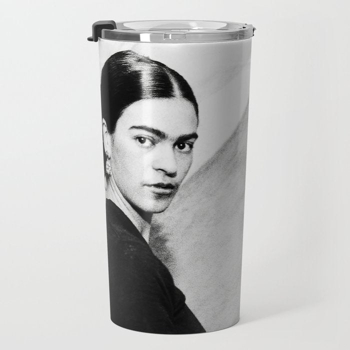 Frida Painting at Easel, Black and White Vintage Photograph Travel Mug Gallery Image 3