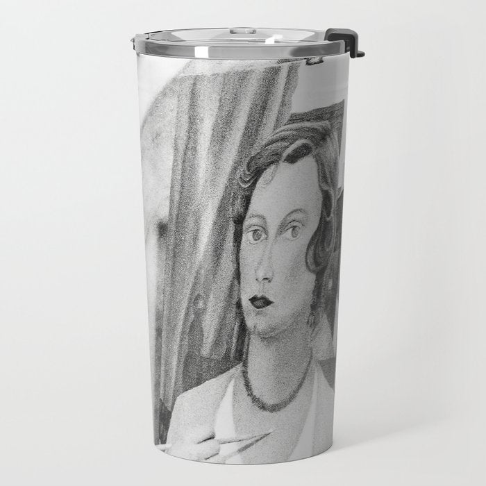 Frida Painting at Easel, Black and White Vintage Photograph Travel Mug Gallery Image 2