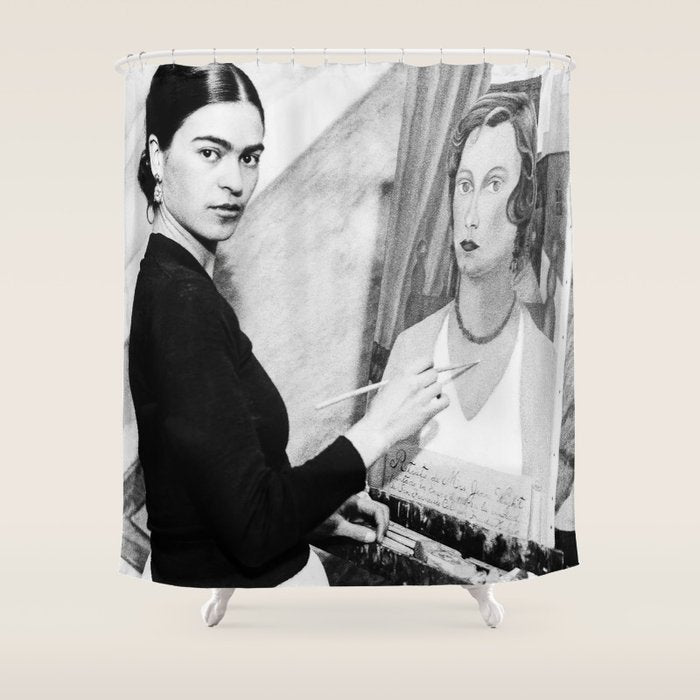 Frida Painting at Easel, Black and White Vintage Photograph Shower Curtain Gallery Image 1