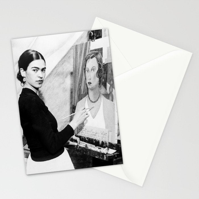 Frida Painting at Easel, Black and White Vintage Photograph Stationery Card Gallery Image 2