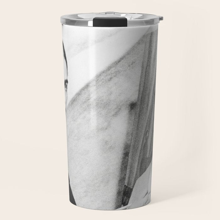 Frida Painting at Easel, Black and White Vintage Photograph Travel Mug Gallery Image 1