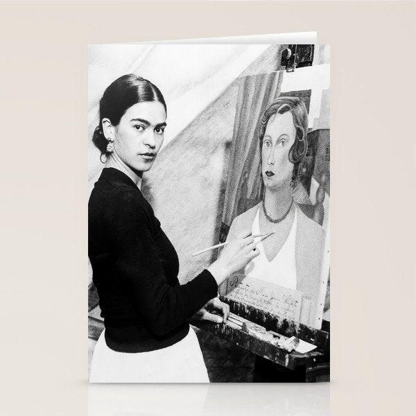 Frida Painting at Easel, Black and White Vintage Photograph Stationery Card Gallery Image 1