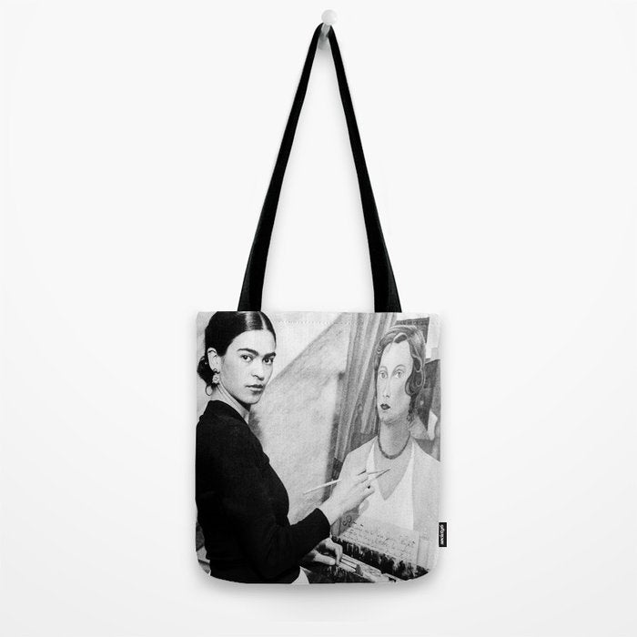 Frida Painting at Easel, Black and White Vintage Photograph Tote Bag Gallery Image 2