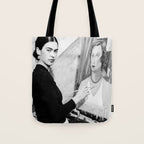 Frida Painting at Easel, Black and White Vintage Photograph Tote Bag Gallery Image 1