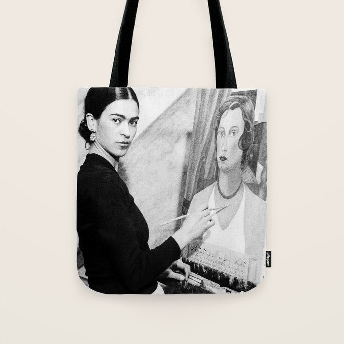 Frida Painting at Easel, Black and White Vintage Photograph Tote Bag Gallery Image 1