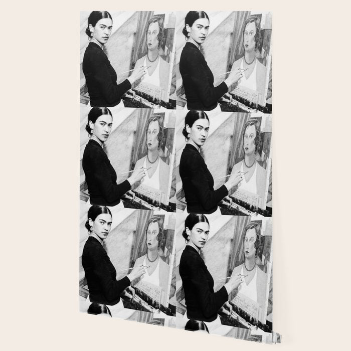 Frida Painting at Easel, Black and White Vintage Photograph Wallpaper Gallery Image 2