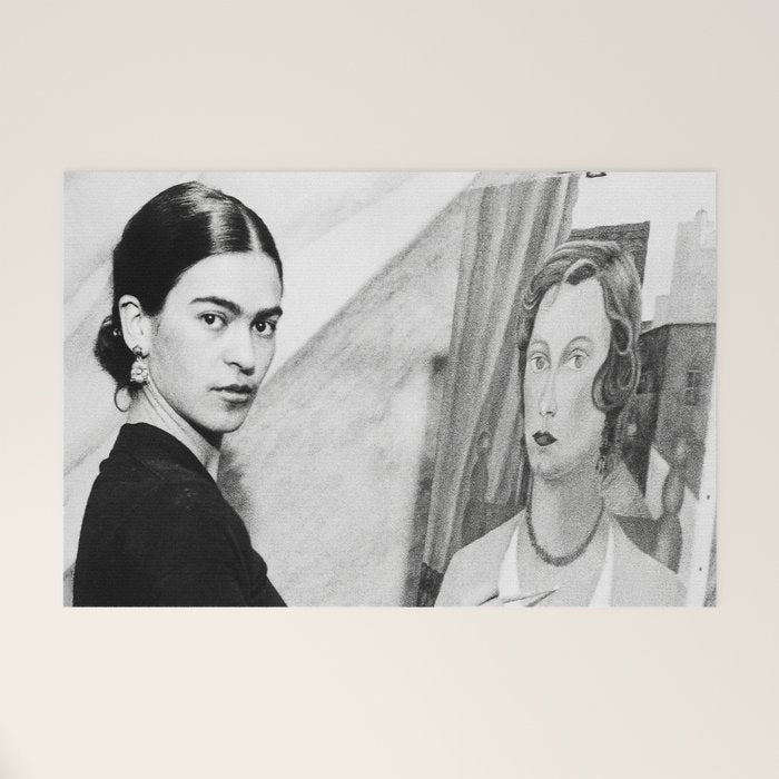 Frida Painting at Easel, Black and White Vintage Photograph Welcome Mat Gallery Image 1