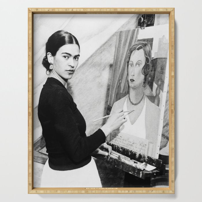 Frida Painting at Easel, Black and White Vintage Photograph Serving Tray Gallery Image 1