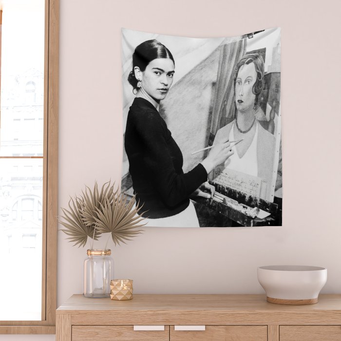 Frida Painting at Easel, Black and White Vintage Photograph Wall Tapestry Gallery Image 2