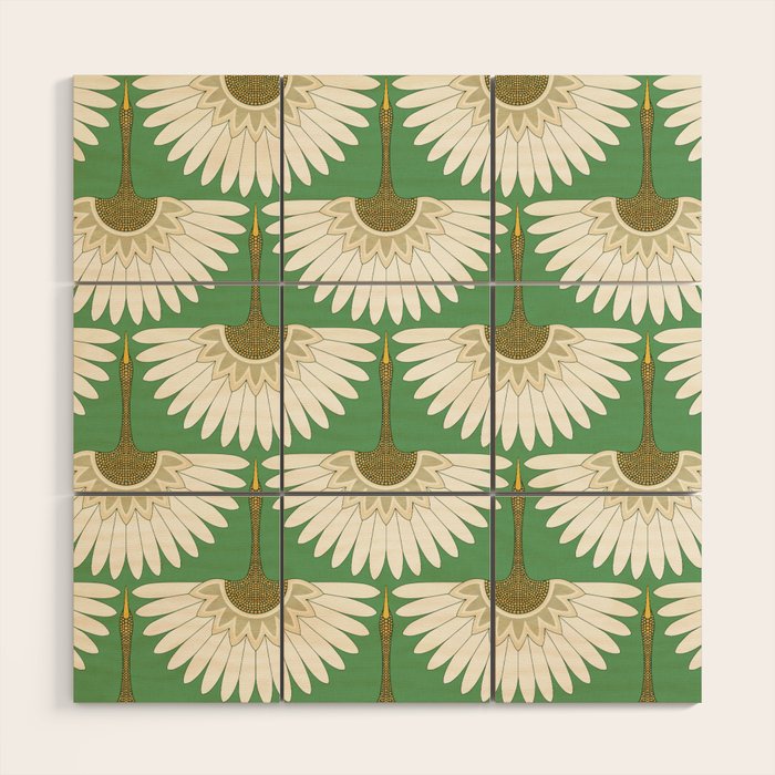 art deco cranes green Wood Wall Art Gallery Image 1