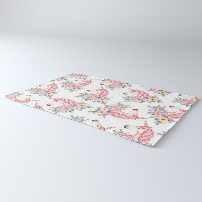 Pink lilac yellow green watercolor magical unicorn floral Rug Gallery Image 3