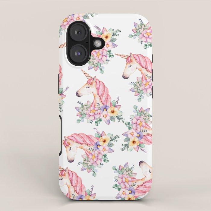 Pink lilac yellow green watercolor magical unicorn floral iPhone Case Gallery Image 1