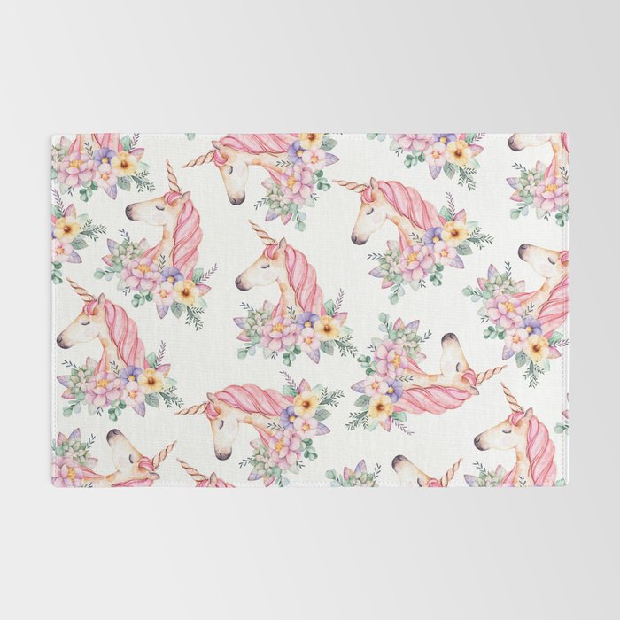 Pink lilac yellow green watercolor magical unicorn floral Rug Gallery Image 2