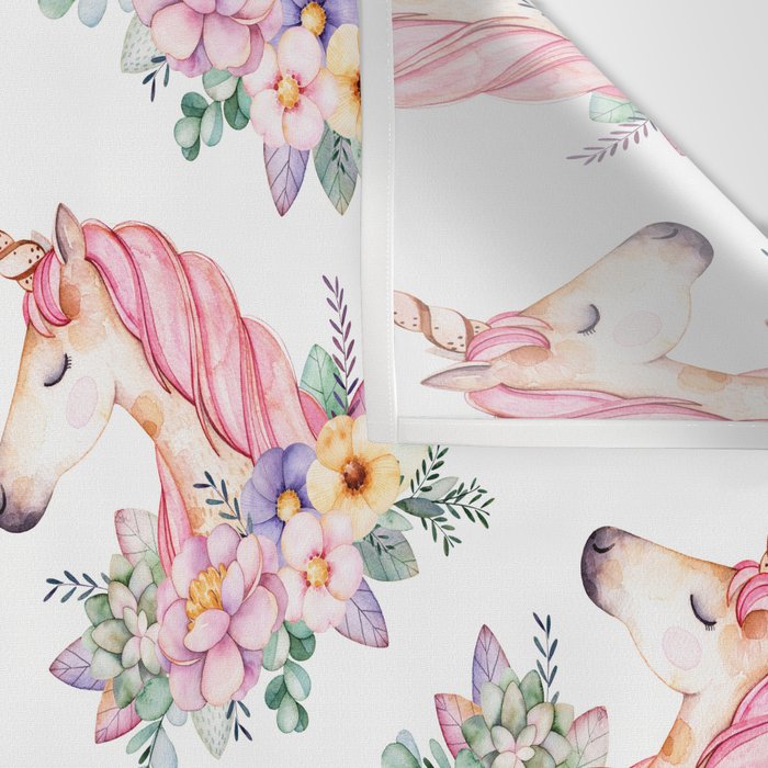 Pink lilac yellow green watercolor magical unicorn floral Wall Tapestry Gallery Image 3