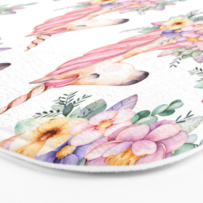 Pink lilac yellow green watercolor magical unicorn floral Bath Mat Gallery Image 3