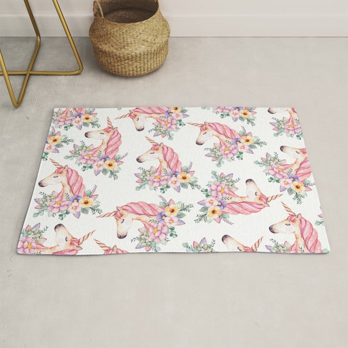 Pink lilac yellow green watercolor magical unicorn floral Rug Gallery Image 1
