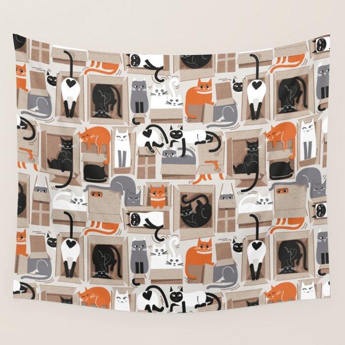 Purfect feline architecture // beige background cute cats in cardboard boxes Wall Tapestry Gallery Image 1