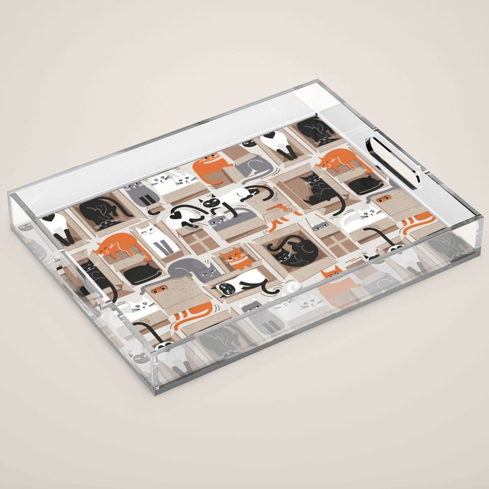 Purfect feline architecture // beige background cute cats in cardboard boxes Acrylic Tray Gallery Image 1