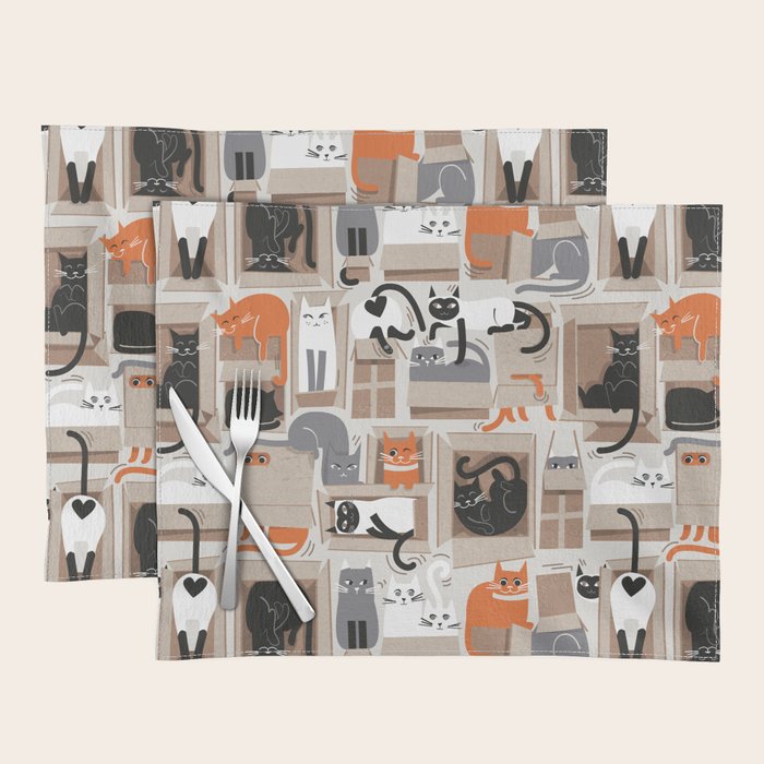 Purfect feline architecture // beige background cute cats in cardboard boxes Placemat Gallery Image 1