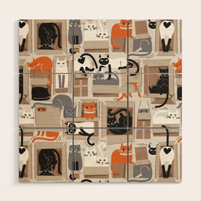 Purfect feline architecture // beige background cute cats in cardboard boxes Wood Wall Art Gallery Image 1