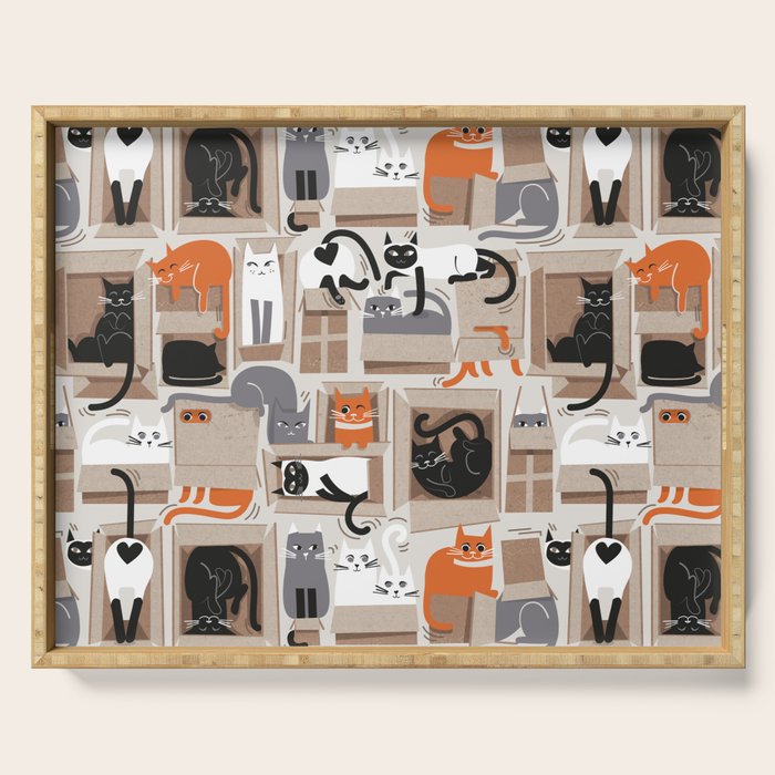 Purfect feline architecture // beige background cute cats in cardboard boxes Serving Tray Gallery Image 1