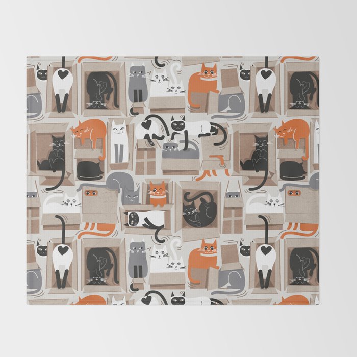 Purfect feline architecture // beige background cute cats in cardboard boxes Throw Blanket Gallery Image 2