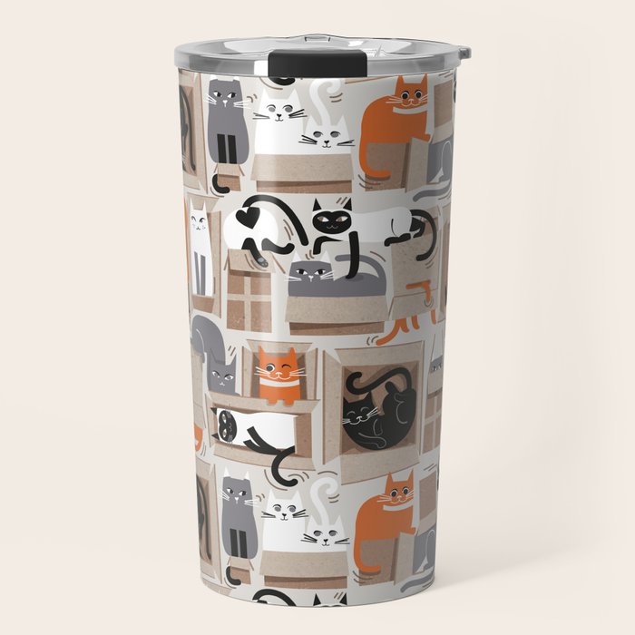 Purfect feline architecture // beige background cute cats in cardboard boxes Travel Mug Gallery Image 1