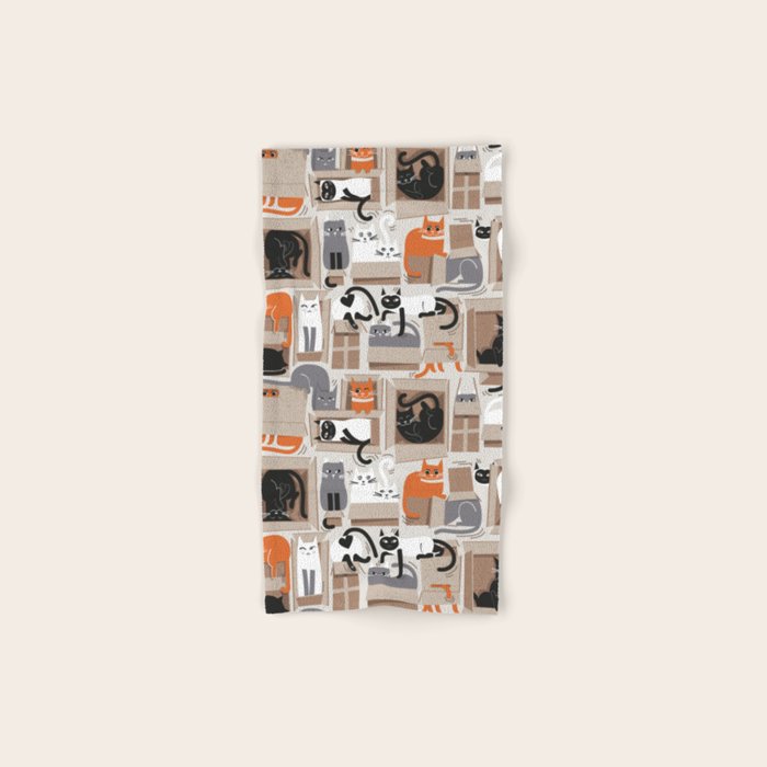 Purfect feline architecture // beige background cute cats in cardboard boxes Bath Towel Gallery Image 1