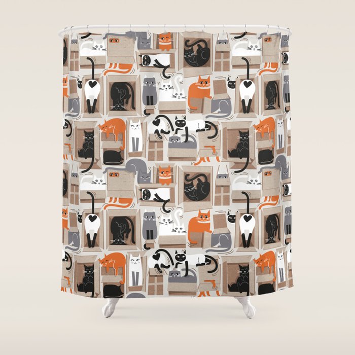 Purfect feline architecture // beige background cute cats in cardboard boxes Shower Curtain Gallery Image 1