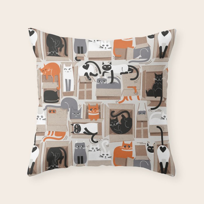 Purfect feline architecture // beige background cute cats in cardboard boxes Throw Pillow Gallery Image 1