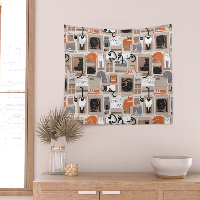 Purfect feline architecture // beige background cute cats in cardboard boxes Wall Tapestry Gallery Image 2