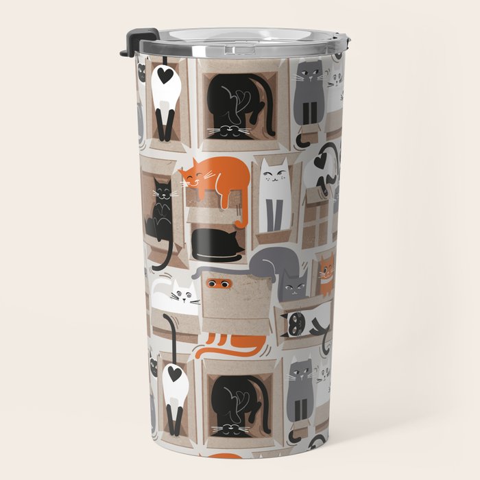 Purfect feline architecture // beige background cute cats in cardboard boxes Travel Mug Gallery Image 3