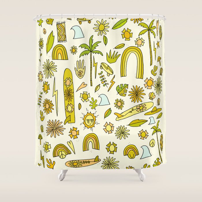 doodle daydreams sunshine and good vibes // retro art by surfy birdy Shower Curtain Gallery Image 1