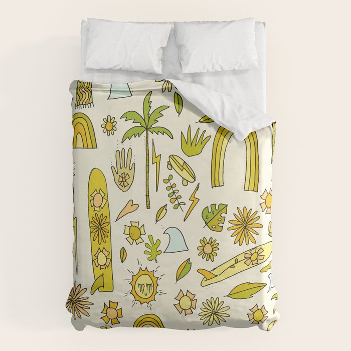 doodle daydreams sunshine and good vibes // retro art by surfy birdy Duvet Cover Gallery Image 1