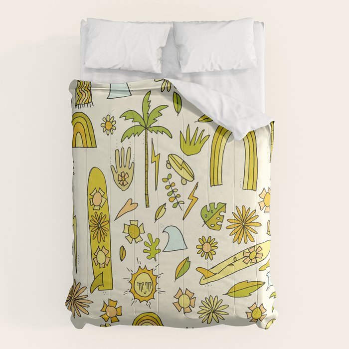 doodle daydreams sunshine and good vibes // retro art by surfy birdy Comforter Gallery Image 1