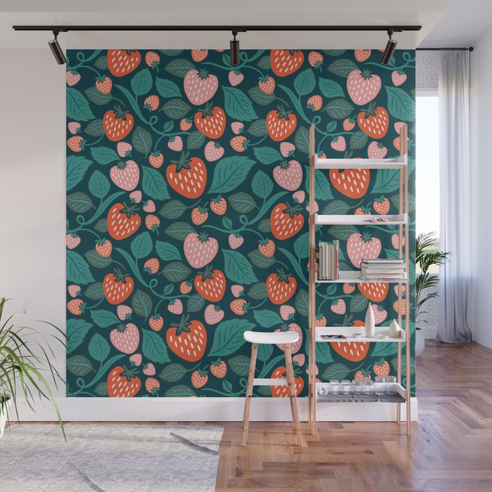 Strawberry Fields - Teal Green & Red Wall Mural Gallery Image 1