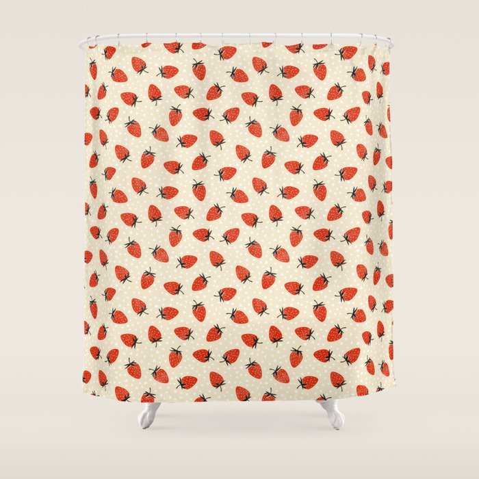 Sweet Strawberries - Red, Black, Cream, and White Shower Curtain Gallery Image 1