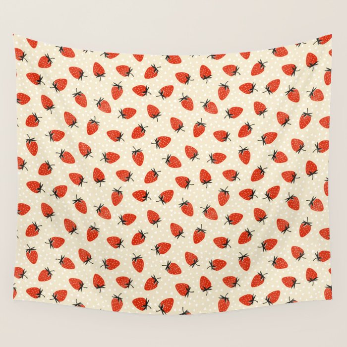 Sweet Strawberries - Red, Black, Cream, and White Wall Tapestry Gallery Image 4