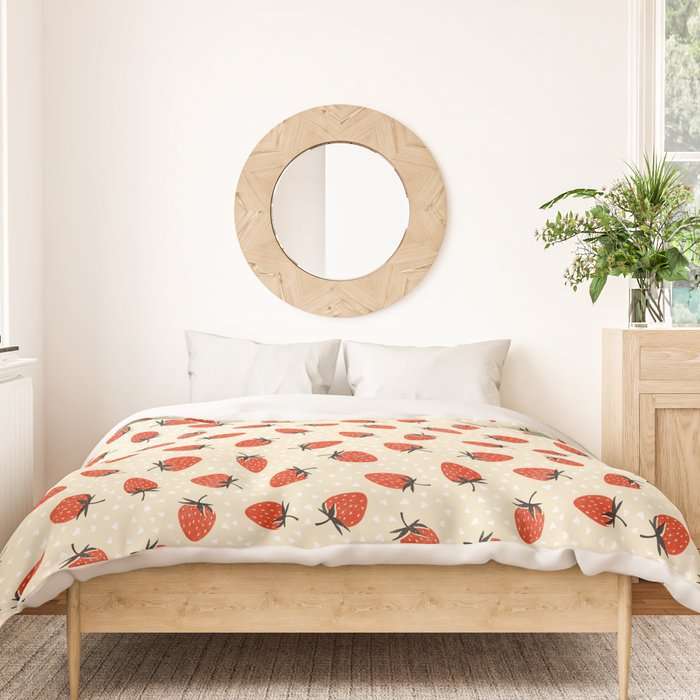 Sweet Strawberries - Red, Black, Cream, and White Duvet Cover Gallery Image 3