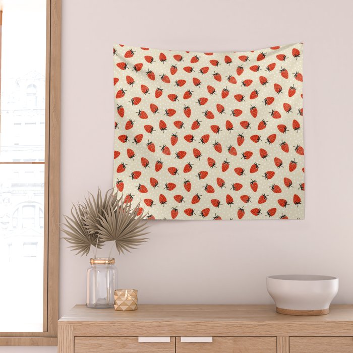Sweet Strawberries - Red, Black, Cream, and White Wall Tapestry Gallery Image 2