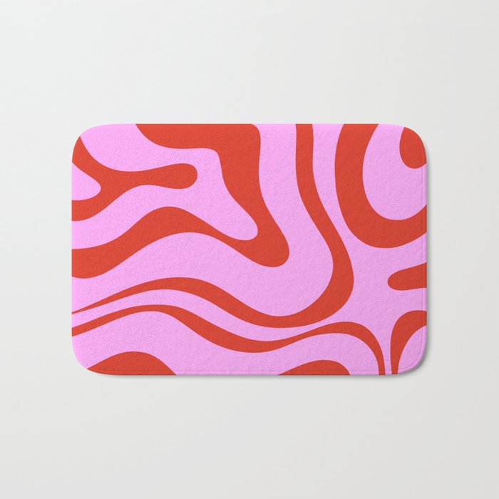 Modern Retro Liquid Swirl Abstract Pattern Square Red and Pink Bath Mat Gallery Image 1
