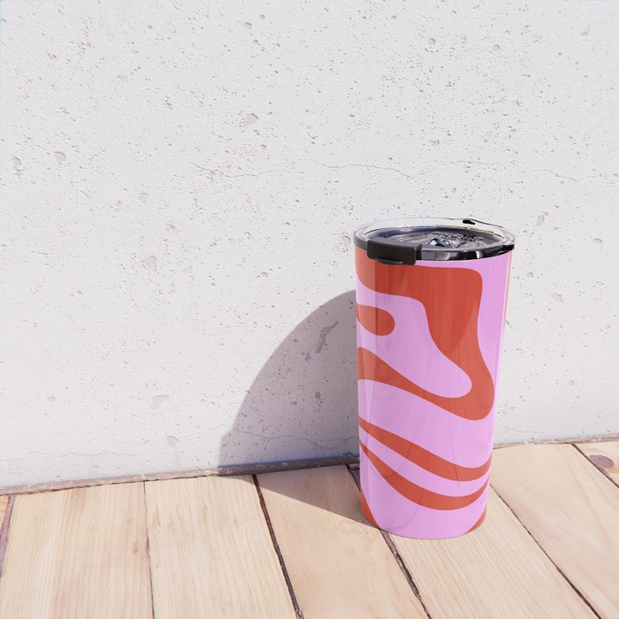 Modern Retro Liquid Swirl Abstract Pattern Square Red and Pink Travel Mug Gallery Image 4