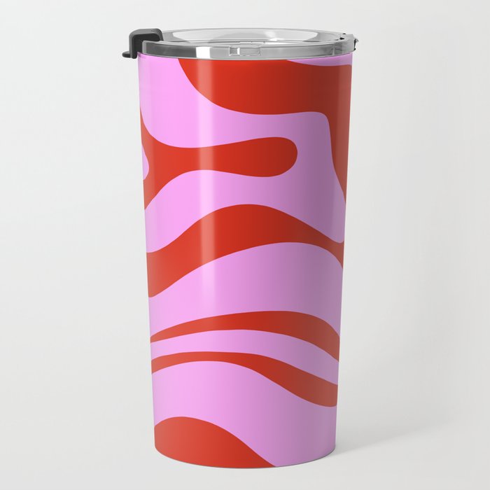 Modern Retro Liquid Swirl Abstract Pattern Square Red and Pink Travel Mug Gallery Image 3
