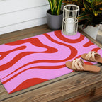 Modern Retro Liquid Swirl Abstract Pattern Square Red and Pink Outdoor Rug Gallery Image 2