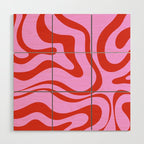 Modern Retro Liquid Swirl Abstract Pattern Square Red and Pink Wood Wall Art Gallery Image 1