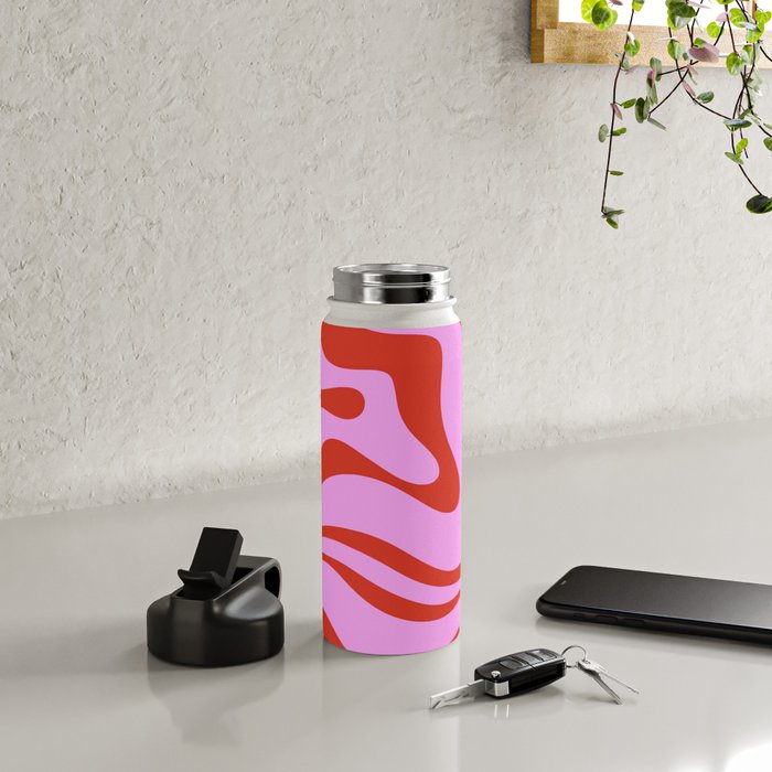 Modern Retro Liquid Swirl Abstract Pattern Square Red and Pink Water Bottle Gallery Image 4