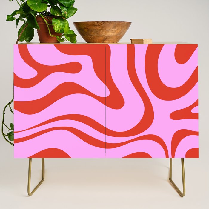 Modern Retro Liquid Swirl Abstract Pattern Square Red and Pink Credenza Gallery Image 1